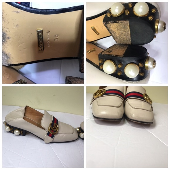 GUCCI Peyton Leather Pearl Heels Marmont GG Shoes Loafers Designer Gold Hardware - Picture 17 of 17